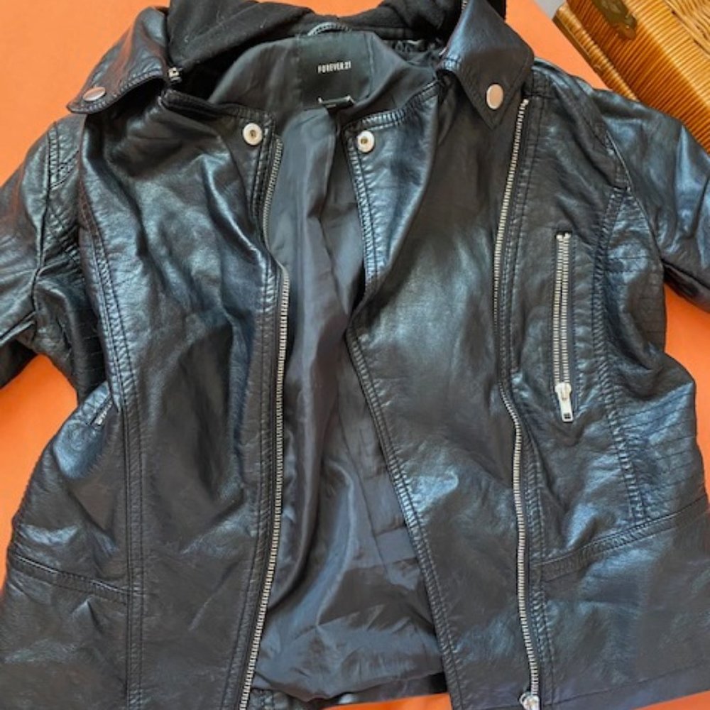 FOREVER 21 - Faux Leather Jacket w/ Hood